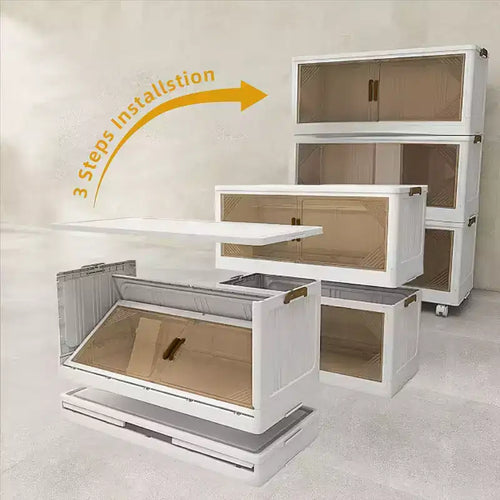 Scatola portaoggetti pieghevole con anta trasparente larga 21,6 pollici, organizer a 3 livelli di grande capacità, facile accesso, essenziale per il trasloco, design pieghevole salvaspazio