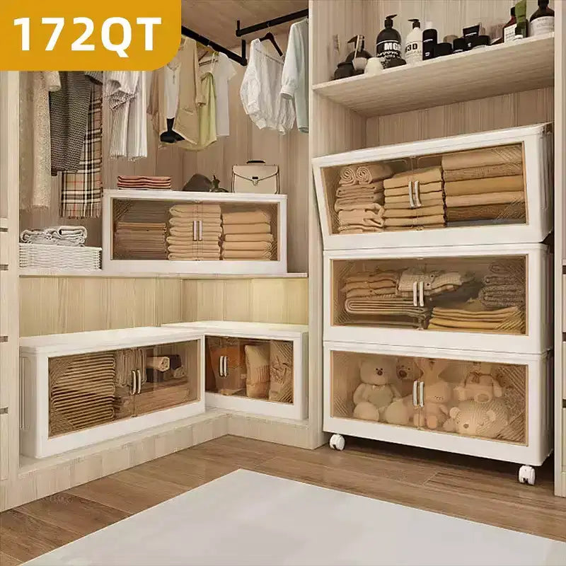 Scatola portaoggetti pieghevole con anta trasparente larga 21,6 pollici, organizer a 3 livelli di grande capacità, facile accesso, essenziale per il trasloco, design pieghevole salvaspazio