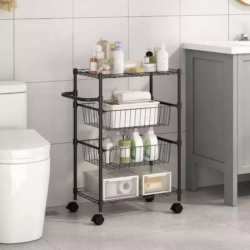 Carrello portaoggetti a 4 ripiani, organizer sottile, carrello mobile per la spesa con ruote girevoli a 360° e bloccabili / cestello e maniglia, per lavanderia, cucina
