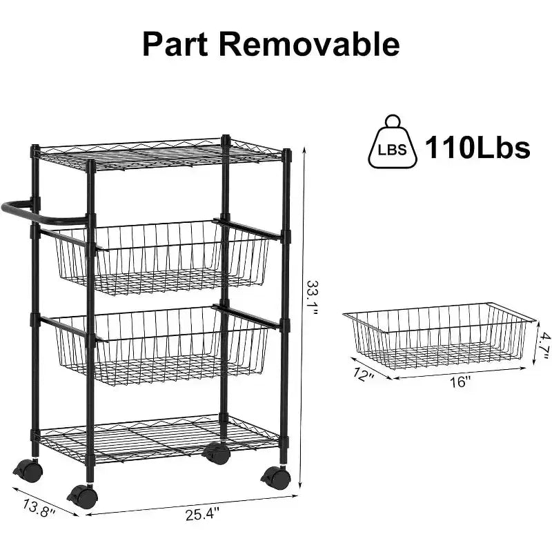 Carrello portaoggetti a 4 ripiani, organizer sottile, carrello mobile per la spesa con ruote girevoli a 360° e bloccabili / cestello e maniglia, per lavanderia, cucina