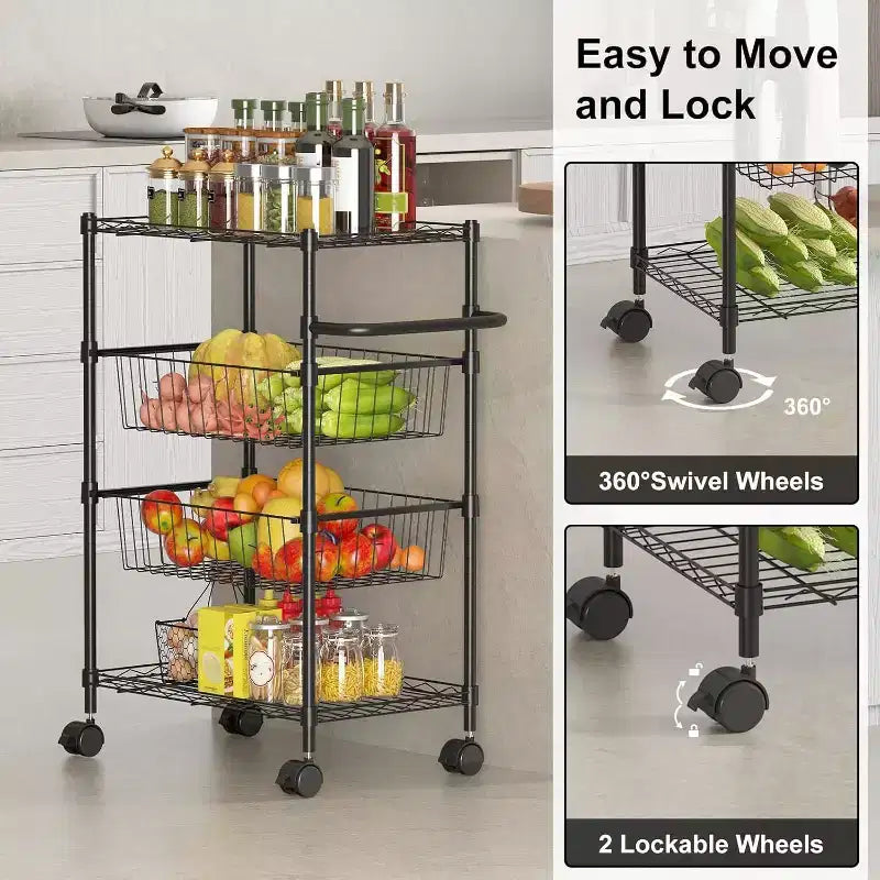 Carrello portaoggetti a 4 ripiani, organizer sottile, carrello mobile per la spesa con ruote girevoli a 360° e bloccabili / cestello e maniglia, per lavanderia, cucina