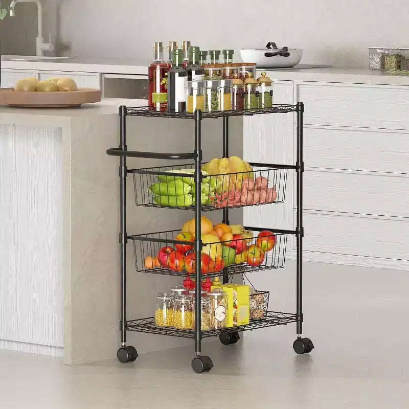 4 Tier Storage Trolley, Slimline Organiser, Mobile Grocery Trolley with 360Swivel and Lockable Wheels / Basket and Handle, Laundry, Kitchen