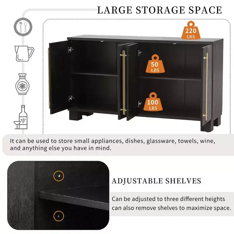 Credenza Elegante con Ripiani Regolabili e Maniglie Dorate