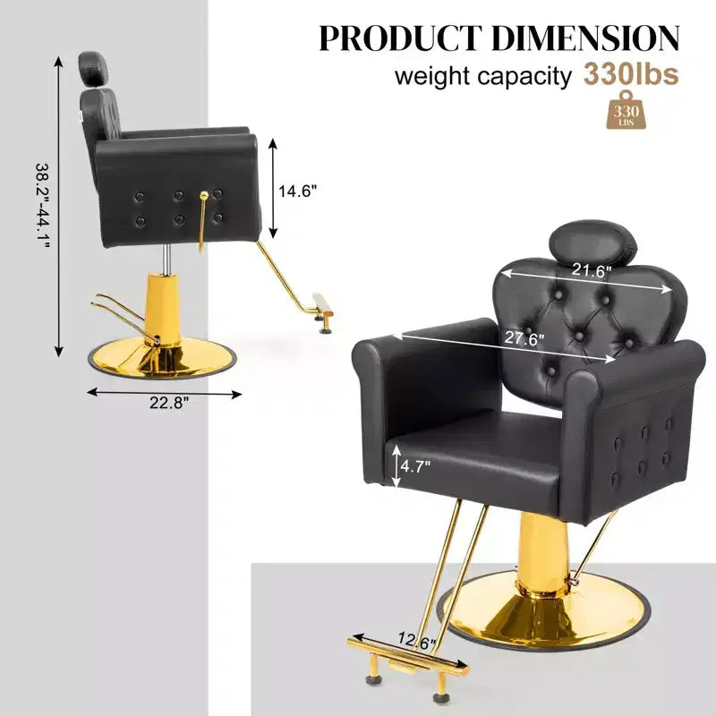 Sedia da salone per parrucchieri reclinabile idraulica per impieghi gravosi Black Gold con poggiatesta