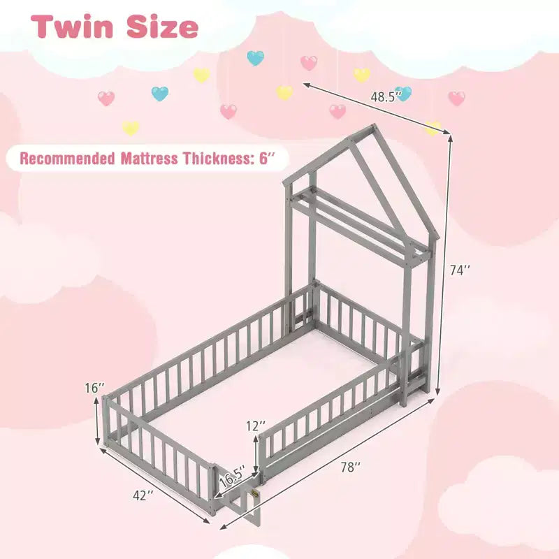 Letto a capanna a pavimento, misura twin, con testiera a forma di casetta e appendiabiti, senza doghe, grigio/beige/rosa/bianco