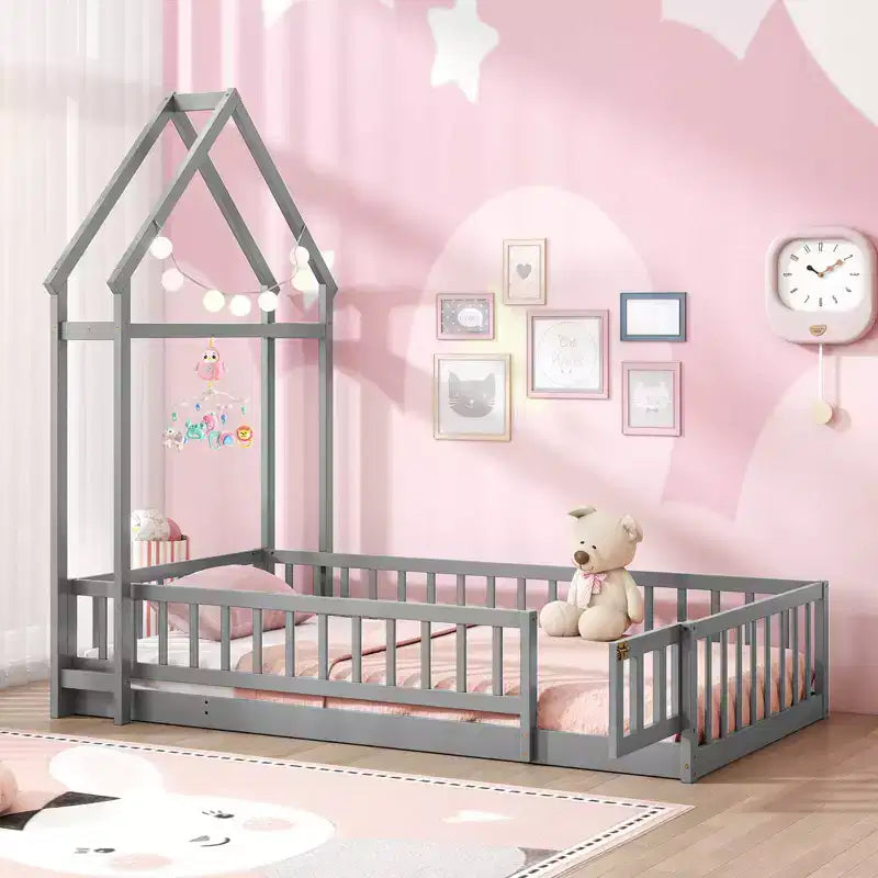 Letto a capanna a pavimento, misura twin, con testiera a forma di casetta e appendiabiti, senza doghe, grigio/beige/rosa/bianco