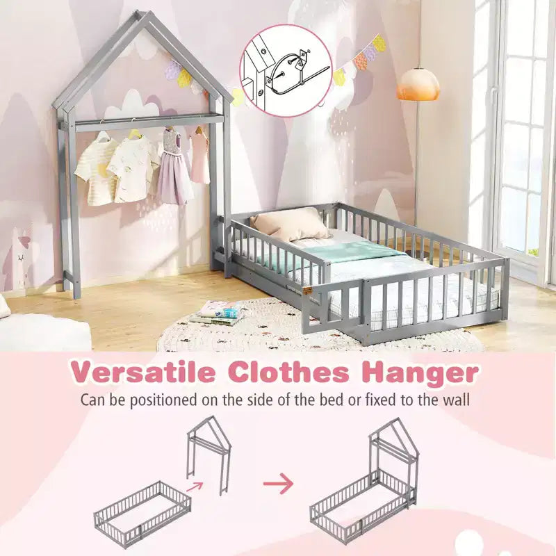 Letto a capanna a pavimento, misura twin, con testiera a forma di casetta e appendiabiti, senza doghe, grigio/beige/rosa/bianco