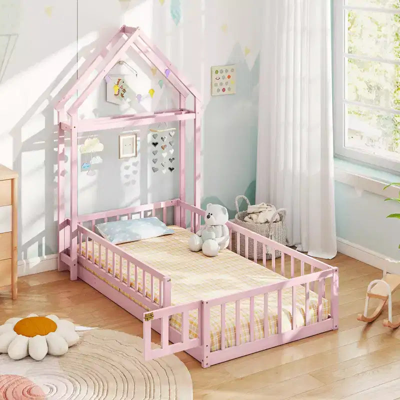 Letto a capanna a pavimento, misura twin, con testiera a forma di casetta e appendiabiti, senza doghe, grigio/beige/rosa/bianco