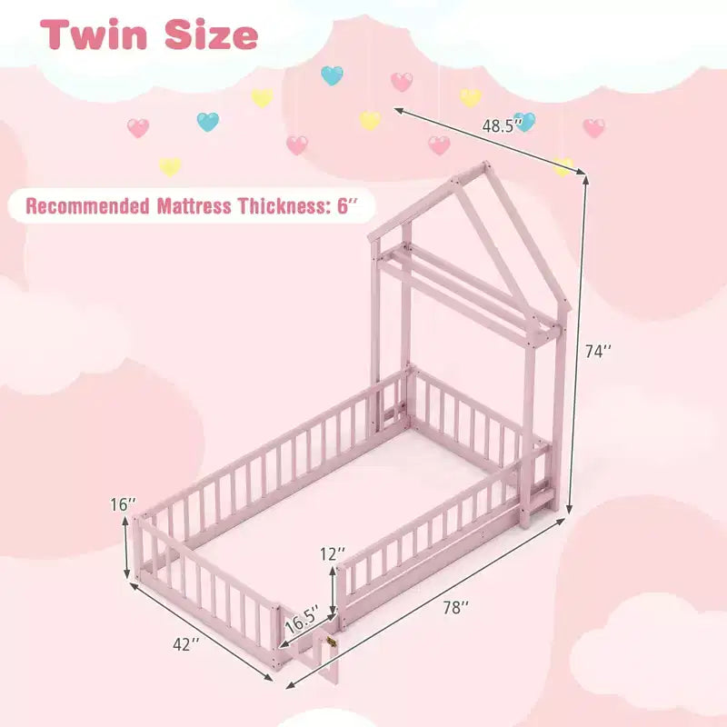 Letto a capanna a pavimento, misura twin, con testiera a forma di casetta e appendiabiti, senza doghe, grigio/beige/rosa/bianco