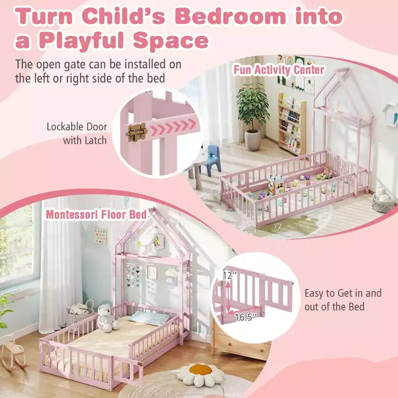 Letto a capanna a pavimento, misura twin, con testiera a forma di casetta e appendiabiti, senza doghe, grigio/beige/rosa/bianco