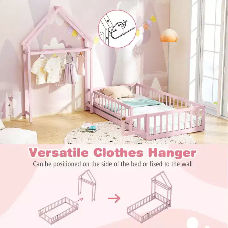 Letto a capanna a pavimento, misura twin, con testiera a forma di casetta e appendiabiti, senza doghe, grigio/beige/rosa/bianco