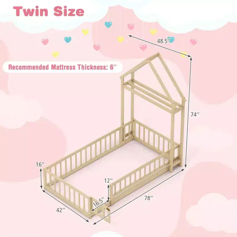 Letto a capanna a pavimento, misura twin, con testiera a forma di casetta e appendiabiti, senza doghe, grigio/beige/rosa/bianco