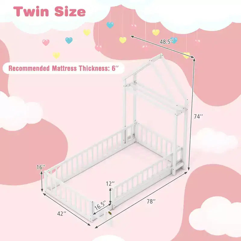 Letto a capanna a pavimento, misura twin, con testiera a forma di casetta e appendiabiti, senza doghe, grigio/beige/rosa/bianco