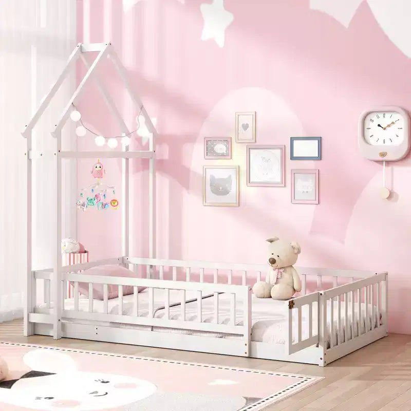 Letto a capanna a pavimento, misura twin, con testiera a forma di casetta e appendiabiti, senza doghe, grigio/beige/rosa/bianco