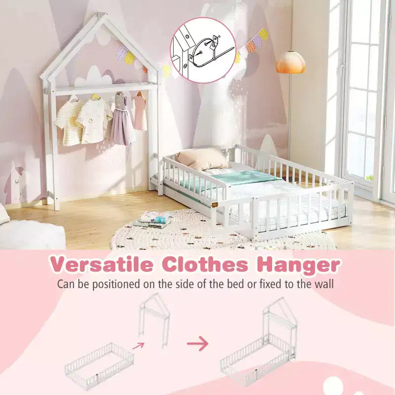 Letto a capanna a pavimento, misura twin, con testiera a forma di casetta e appendiabiti, senza doghe, grigio/beige/rosa/bianco
