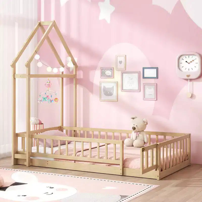 Letto a capanna a pavimento, misura twin, con testiera a forma di casetta e appendiabiti, senza doghe, grigio/beige/rosa/bianco