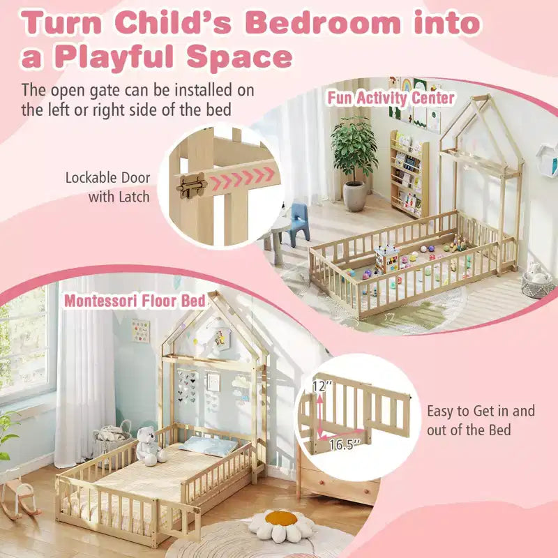 Letto a capanna a pavimento, misura twin, con testiera a forma di casetta e appendiabiti, senza doghe, grigio/beige/rosa/bianco
