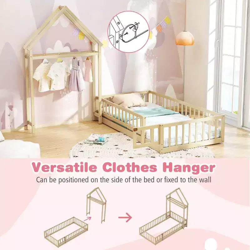 Letto a capanna a pavimento, misura twin, con testiera a forma di casetta e appendiabiti, senza doghe, grigio/beige/rosa/bianco