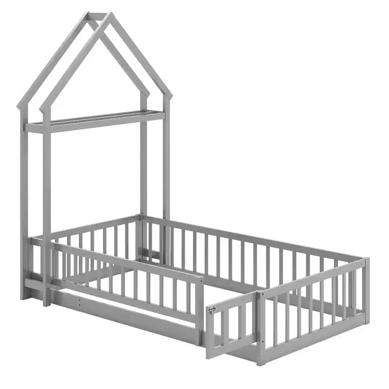 Letto a capanna a pavimento, misura twin, con testiera a forma di casetta e appendiabiti, senza doghe, grigio/beige/rosa/bianco
