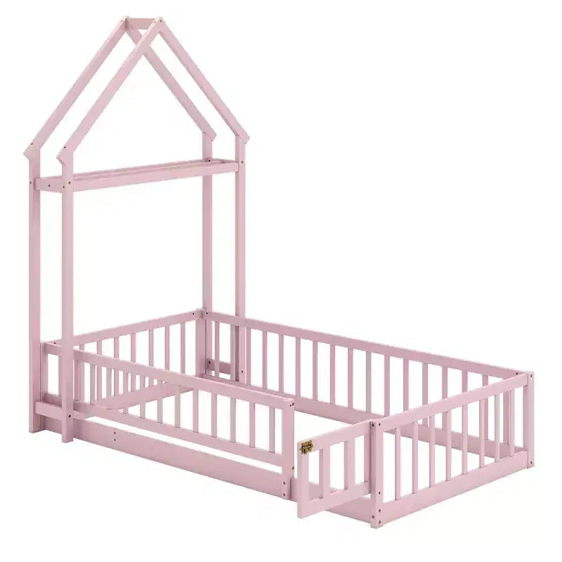 Letto a capanna a pavimento, misura twin, con testiera a forma di casetta e appendiabiti, senza doghe, grigio/beige/rosa/bianco
