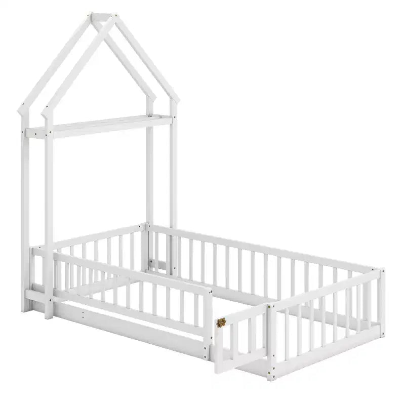 Letto a capanna a pavimento, misura twin, con testiera a forma di casetta e appendiabiti, senza doghe, grigio/beige/rosa/bianco