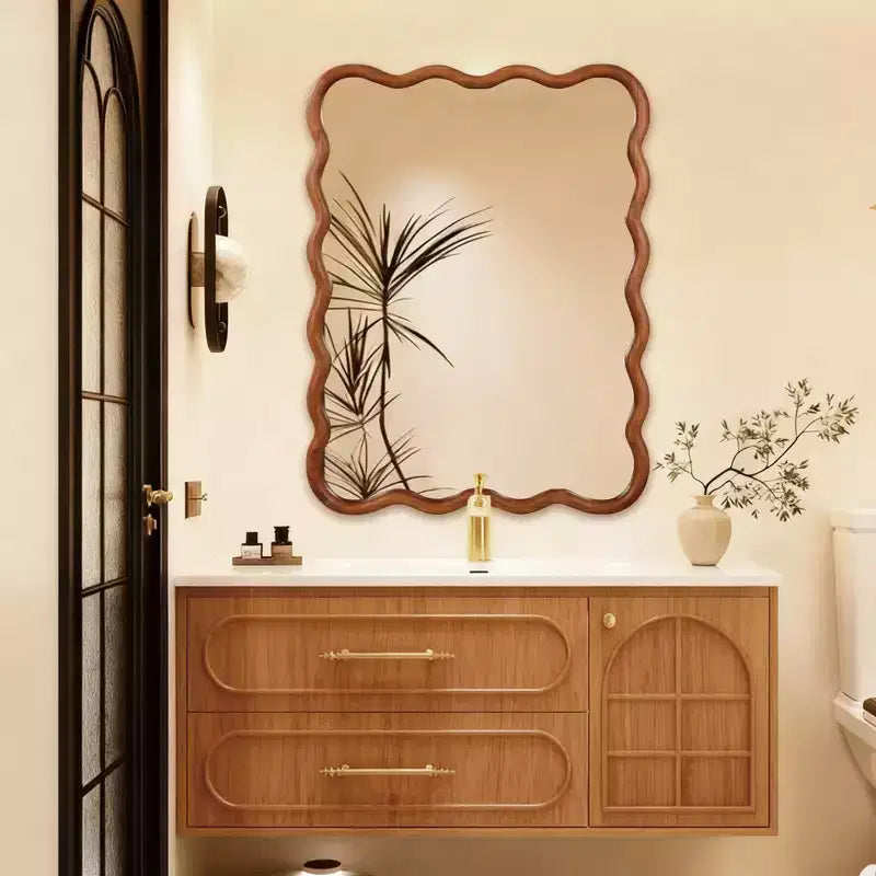30 x 40 Specchio Decorativo con Cornice in Legno Massello Rettangolare Ondulata per Camera da Letto Bagno Soggiorno Marrone Giallastro