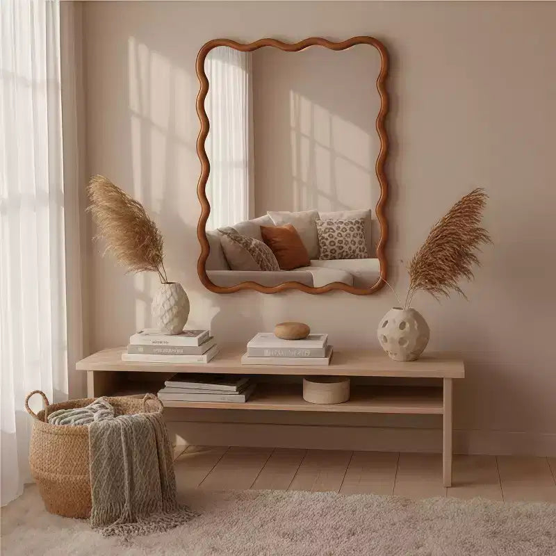 30 x 40 Specchio Decorativo con Cornice in Legno Massello Rettangolare Ondulata per Camera da Letto Bagno Soggiorno Marrone Giallastro