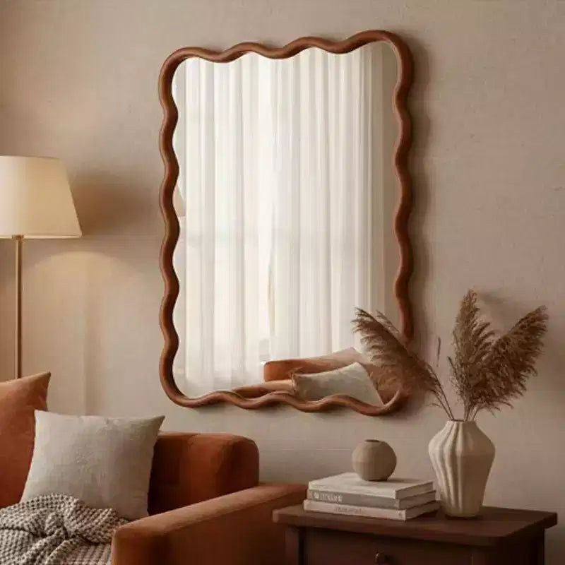 30 x 40 Specchio Decorativo con Cornice in Legno Massello Rettangolare Ondulata per Camera da Letto Bagno Soggiorno Marrone Giallastro