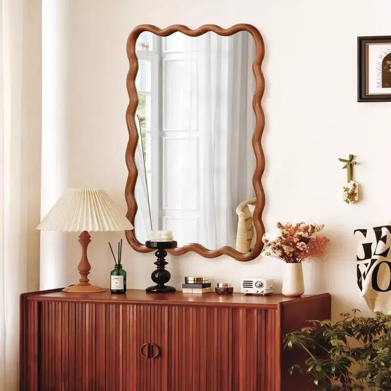 30 x 40 Specchio Decorativo con Cornice in Legno Massello Rettangolare Ondulata per Camera da Letto Bagno Soggiorno Marrone Giallastro