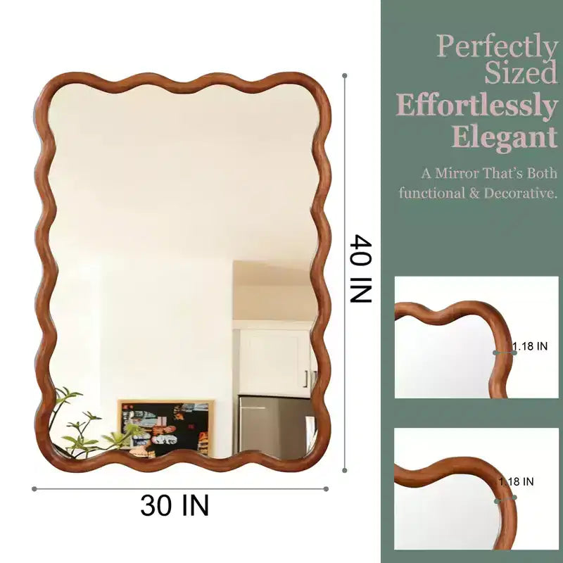 30 x 40 Specchio Decorativo con Cornice in Legno Massello Rettangolare Ondulata per Camera da Letto Bagno Soggiorno Marrone Giallastro