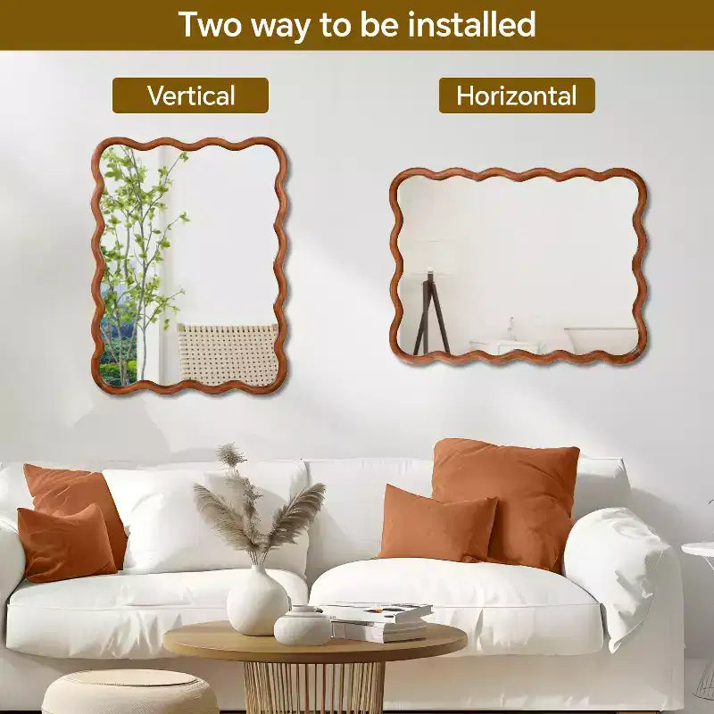30 x 40 Specchio Decorativo con Cornice in Legno Massello Rettangolare Ondulata per Camera da Letto Bagno Soggiorno Marrone Giallastro