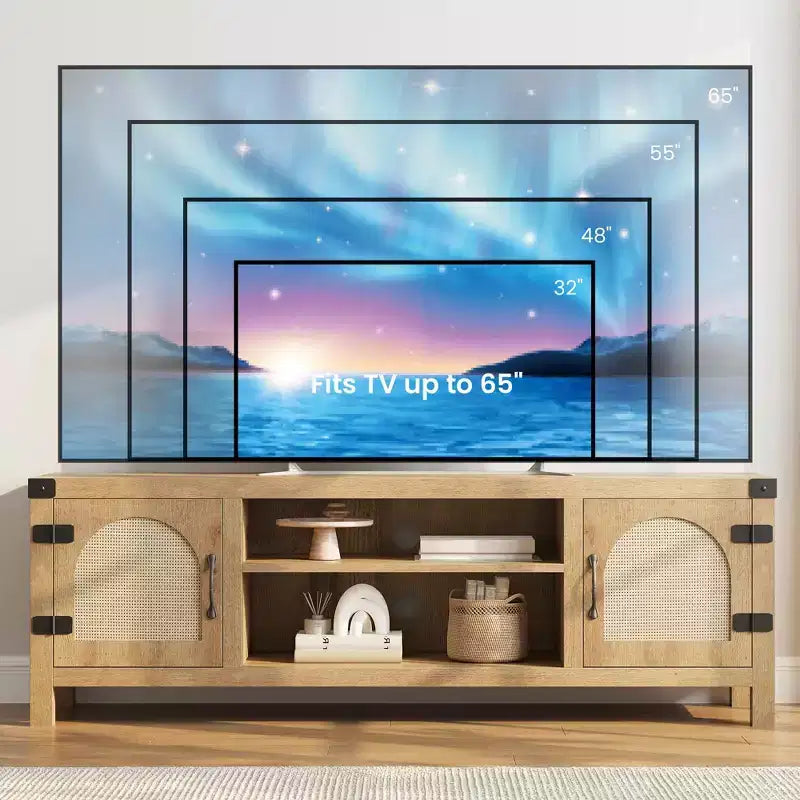Mobile TV per televisori fino a 65 pollici, con ante in rattan e ripiani regolabili, console multimediale TV con 2 ripiani aperti e 2 armadietti