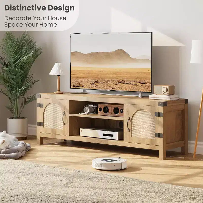 Mobile TV per televisori fino a 65 pollici, con ante in rattan e ripiani regolabili, console multimediale TV con 2 ripiani aperti e 2 armadietti