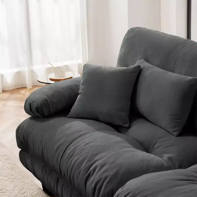 Divano a 2 Posti in Ciniglia con 2 Cuscini Lombari e 2 Cuscini Decorativi, Divano con Braccioli Larghi Imbottiti e Pouf Convertibile, Ciniglia Color Caffè Chiaro