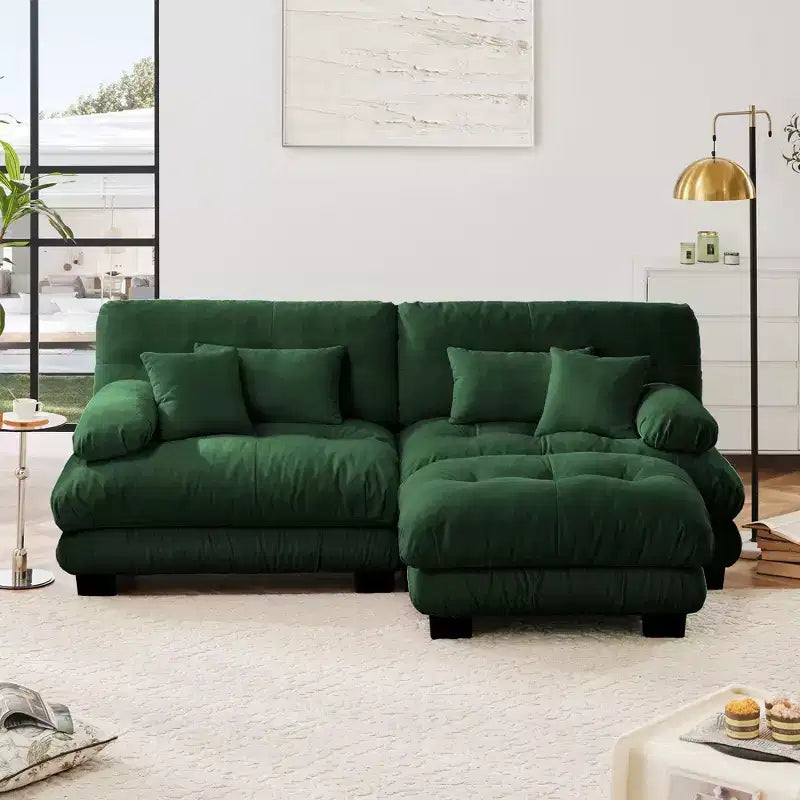 Divano a 2 Posti in Ciniglia con 2 Cuscini Lombari e 2 Cuscini Decorativi, Divano con Braccioli Larghi Imbottiti e Pouf Convertibile, Ciniglia Color Caffè Chiaro