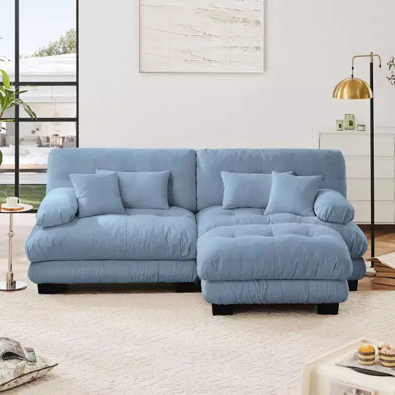 Divano a 2 Posti in Ciniglia con 2 Cuscini Lombari e 2 Cuscini Decorativi, Divano con Braccioli Larghi Imbottiti e Pouf Convertibile, Ciniglia Color Caffè Chiaro