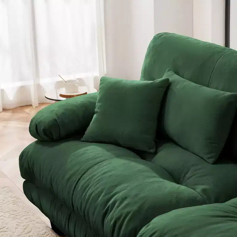 Divano a 2 Posti in Ciniglia con 2 Cuscini Lombari e 2 Cuscini Decorativi, Divano con Braccioli Larghi Imbottiti e Pouf Convertibile, Ciniglia Color Caffè Chiaro