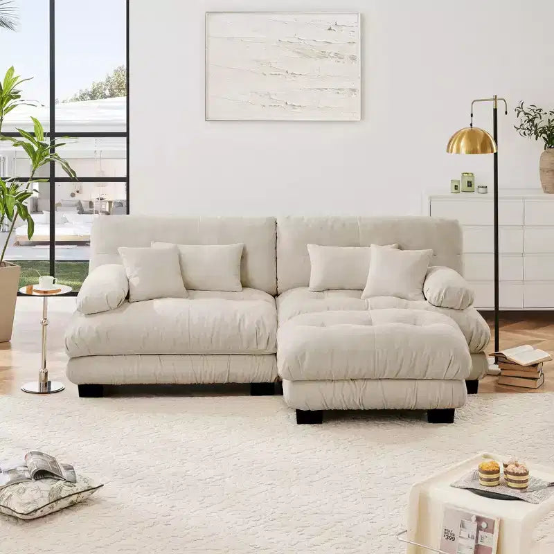 Divano a 2 Posti in Ciniglia con 2 Cuscini Lombari e 2 Cuscini Decorativi, Divano con Braccioli Larghi Imbottiti e Pouf Convertibile, Ciniglia Color Caffè Chiaro