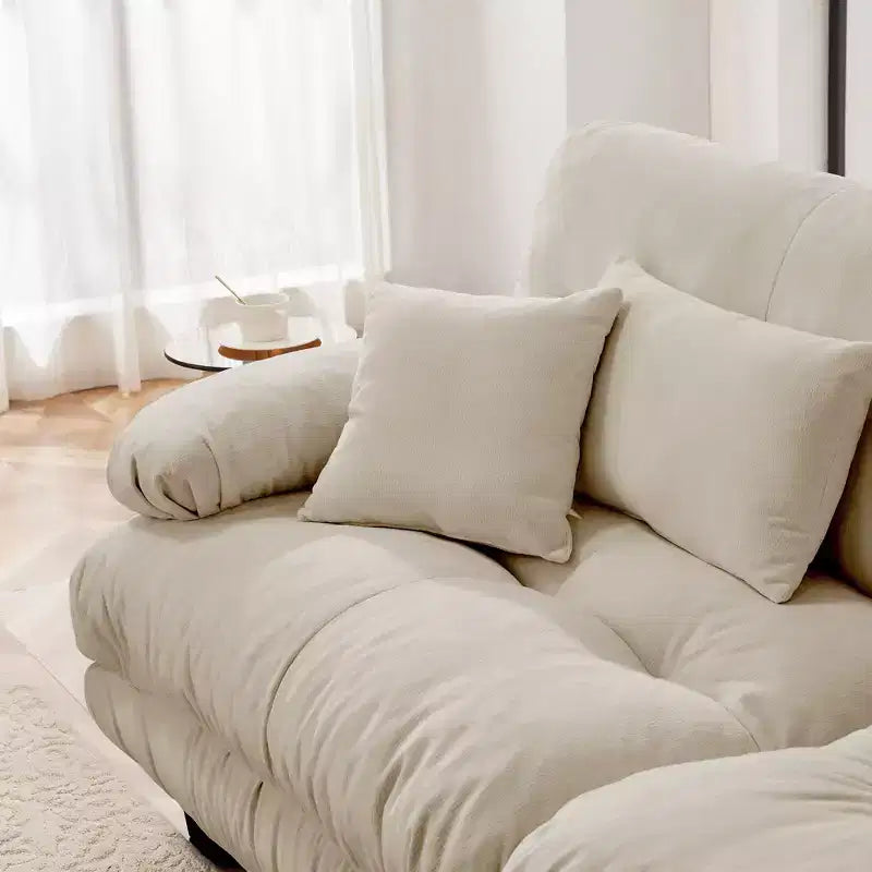 Divano a 2 Posti in Ciniglia con 2 Cuscini Lombari e 2 Cuscini Decorativi, Divano con Braccioli Larghi Imbottiti e Pouf Convertibile, Ciniglia Color Caffè Chiaro