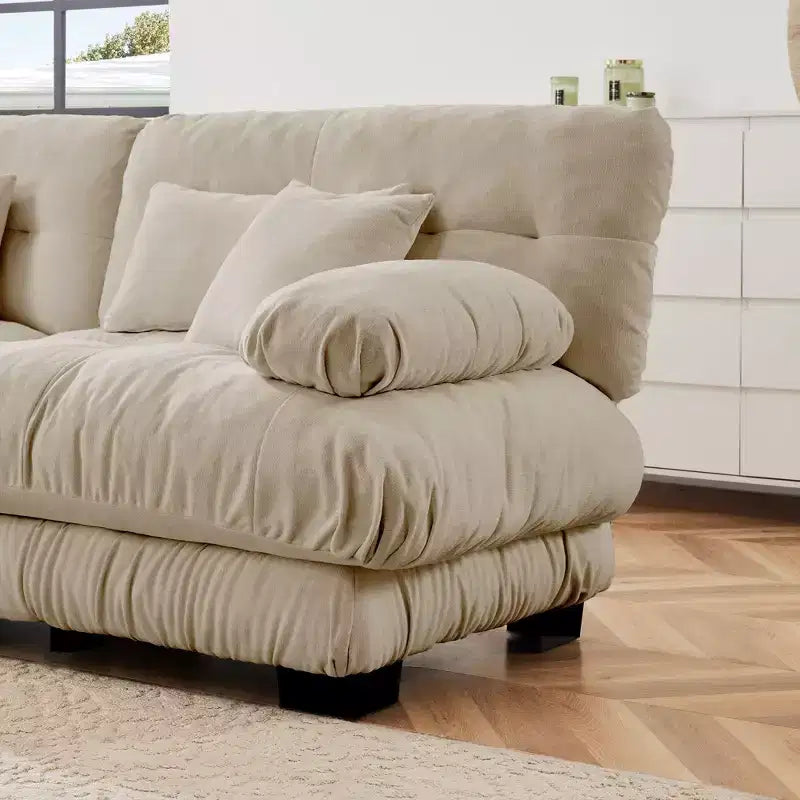 Divano a 2 Posti in Ciniglia con 2 Cuscini Lombari e 2 Cuscini Decorativi, Divano con Braccioli Larghi Imbottiti e Pouf Convertibile, Ciniglia Color Caffè Chiaro