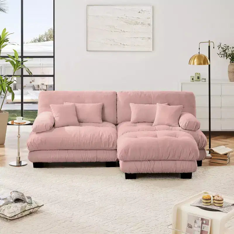 Divano a 2 Posti in Ciniglia con 2 Cuscini Lombari e 2 Cuscini Decorativi, Divano con Braccioli Larghi Imbottiti e Pouf Convertibile, Ciniglia Color Caffè Chiaro