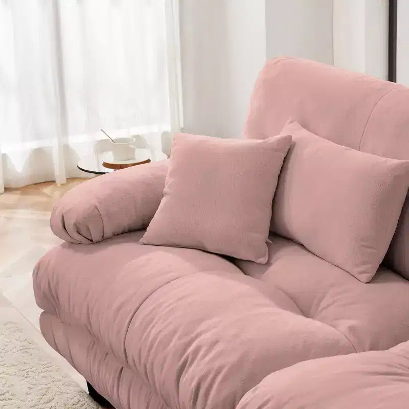 Divano a 2 Posti in Ciniglia con 2 Cuscini Lombari e 2 Cuscini Decorativi, Divano con Braccioli Larghi Imbottiti e Pouf Convertibile, Ciniglia Color Caffè Chiaro