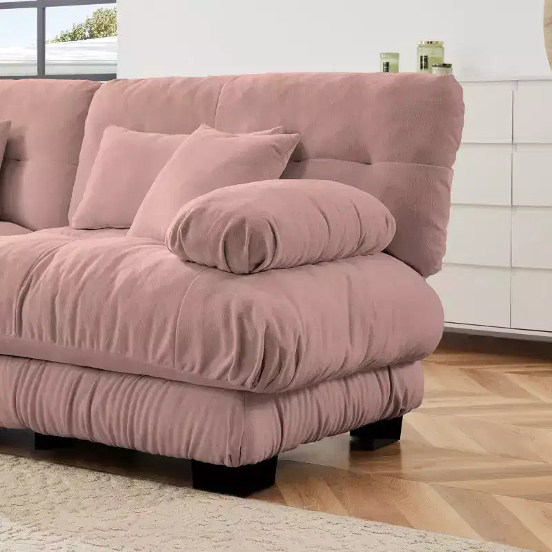 Divano a 2 Posti in Ciniglia con 2 Cuscini Lombari e 2 Cuscini Decorativi, Divano con Braccioli Larghi Imbottiti e Pouf Convertibile, Ciniglia Color Caffè Chiaro