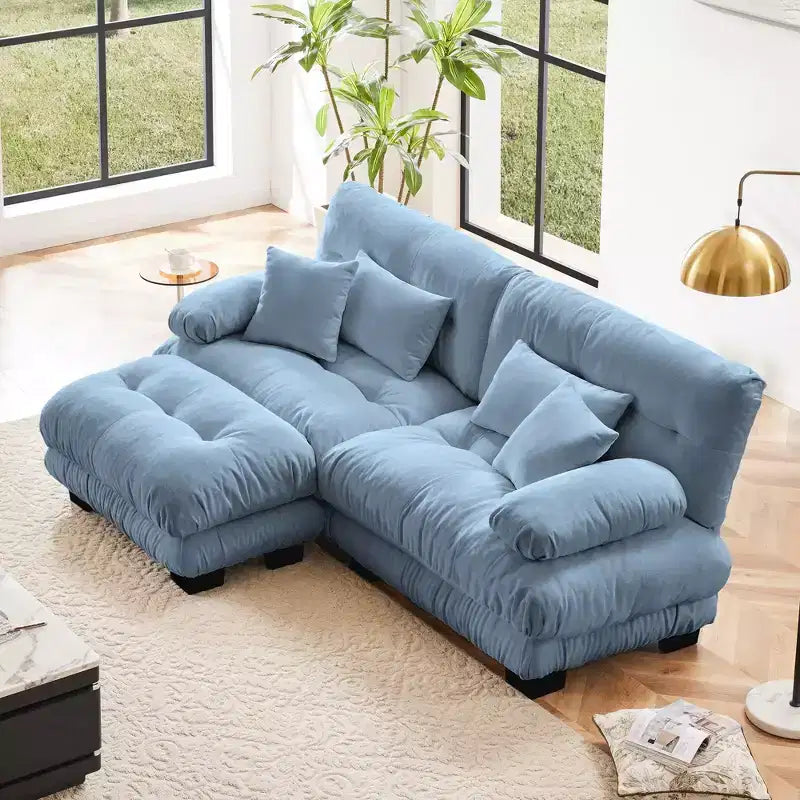 Divano a 2 Posti in Ciniglia con 2 Cuscini Lombari e 2 Cuscini Decorativi, Divano con Braccioli Larghi Imbottiti e Pouf Convertibile, Ciniglia Color Caffè Chiaro