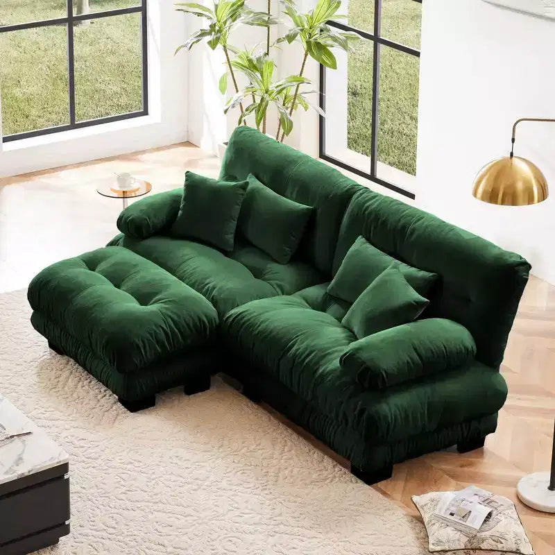 Divano a 2 Posti in Ciniglia con 2 Cuscini Lombari e 2 Cuscini Decorativi, Divano con Braccioli Larghi Imbottiti e Pouf Convertibile, Ciniglia Color Caffè Chiaro