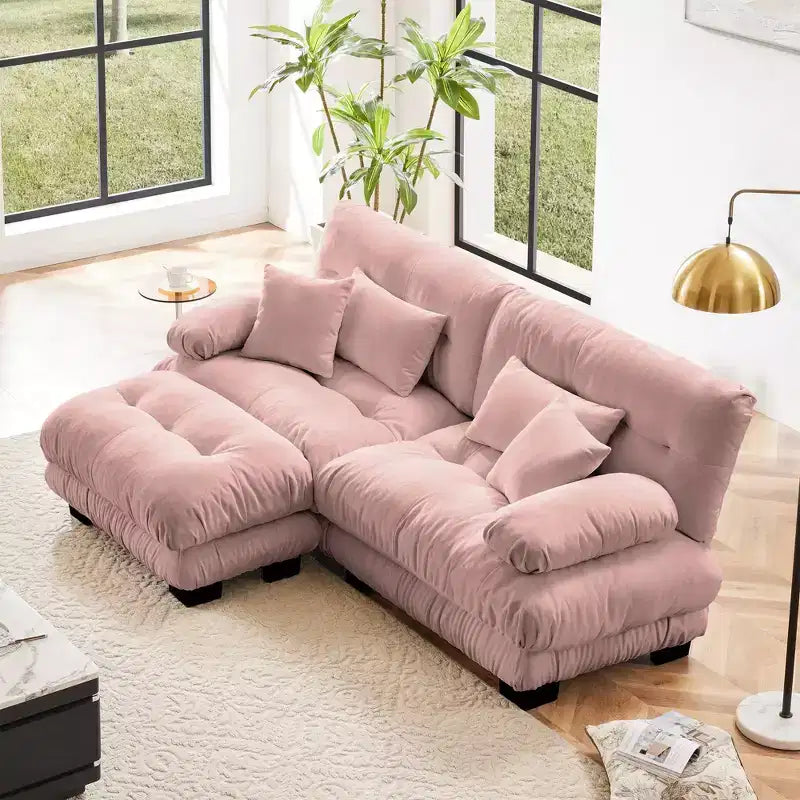 Divano a 2 Posti in Ciniglia con 2 Cuscini Lombari e 2 Cuscini Decorativi, Divano con Braccioli Larghi Imbottiti e Pouf Convertibile, Ciniglia Color Caffè Chiaro
