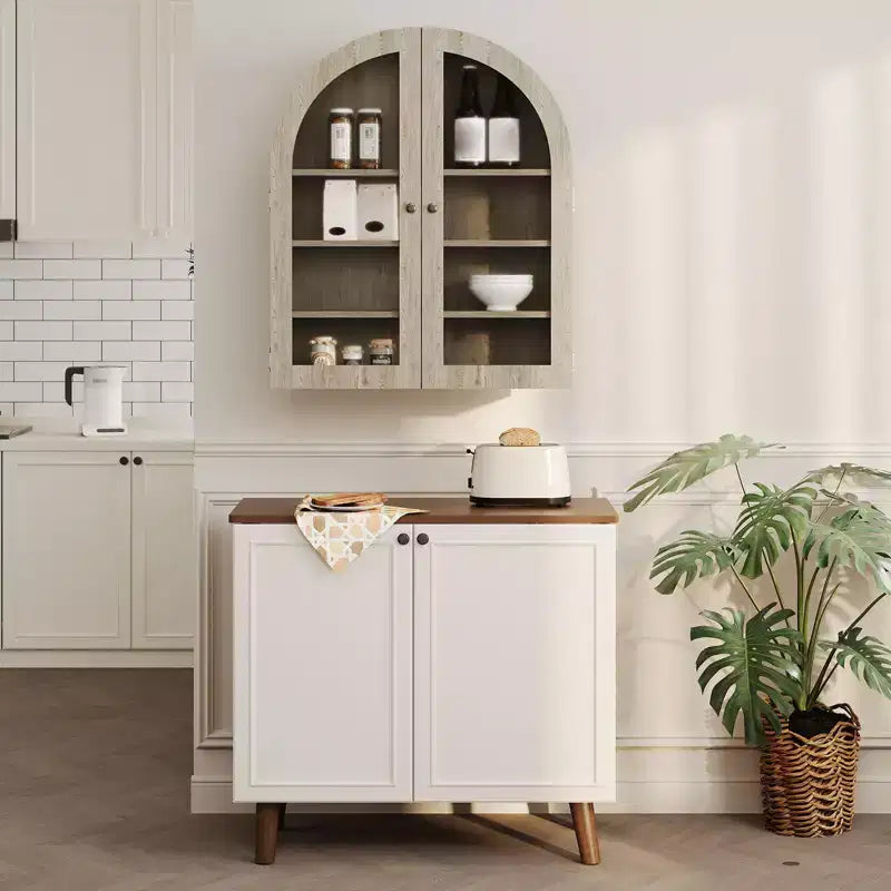 Pensile ad arco per bagno, vetrinetta da parete con ante in vetro e ripiani regolabili, armadietto dei medicinali per soggiorno e cucina
