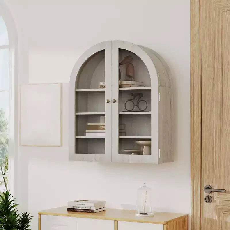 Pensile ad arco per bagno, vetrinetta da parete con ante in vetro e ripiani regolabili, armadietto dei medicinali per soggiorno e cucina