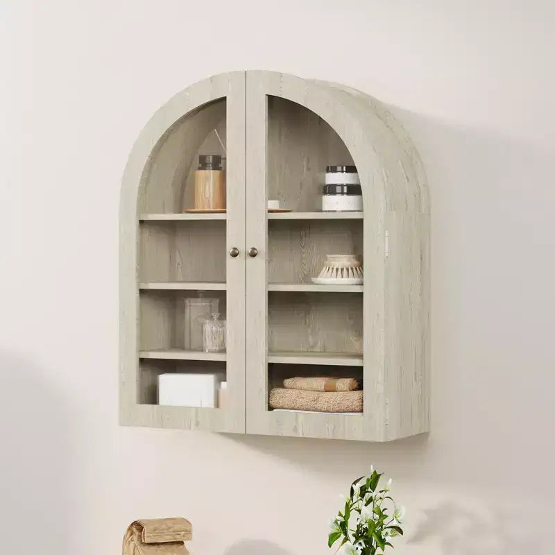 Pensile ad arco per bagno, vetrinetta da parete con ante in vetro e ripiani regolabili, armadietto dei medicinali per soggiorno e cucina