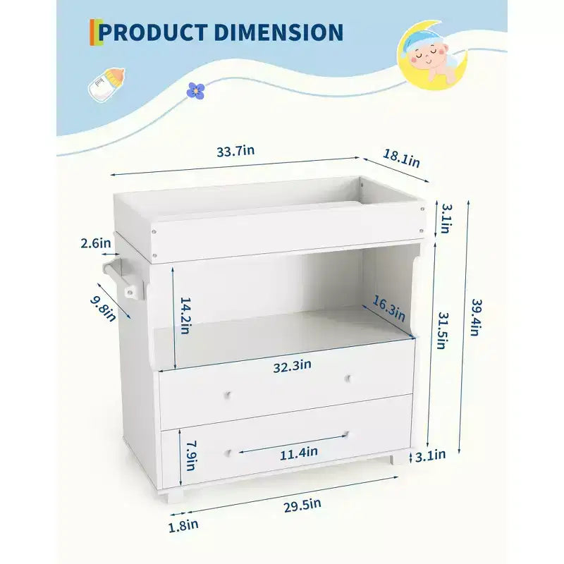 Comodino fasciatoio per bambini, fasciatoio moderno in legno con 2 cassetti, fasciatoio multifunzionale per neonati per cameretta, camera da letto